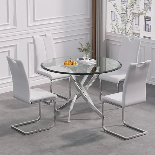 36" Modern Dining Table Set of 4, Tempered Glass