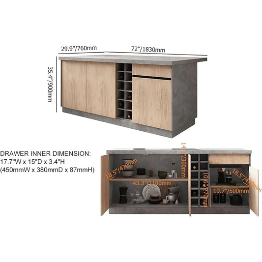 72'' Kitchen Island, with Storage Japandi Style Wood